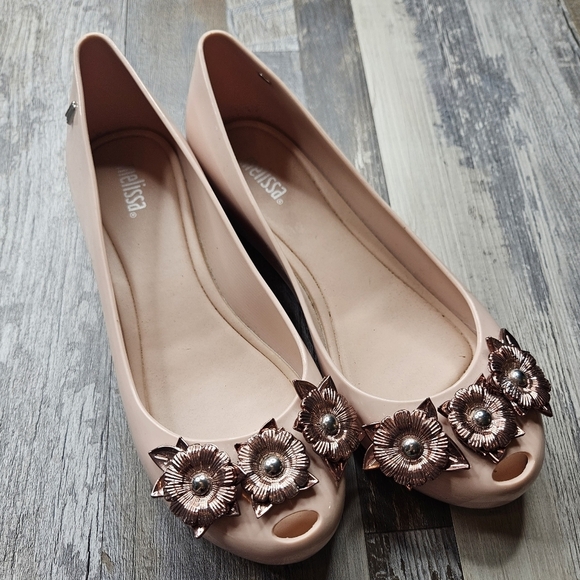 Melissa Flats Balerina Ultragirl Light Pink with Copper Flowers Womens 7 - Picture 1 of 8